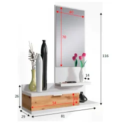 Mueble recibidor Lía con espejo roble nodi/blanco artik 116x81x29 cm