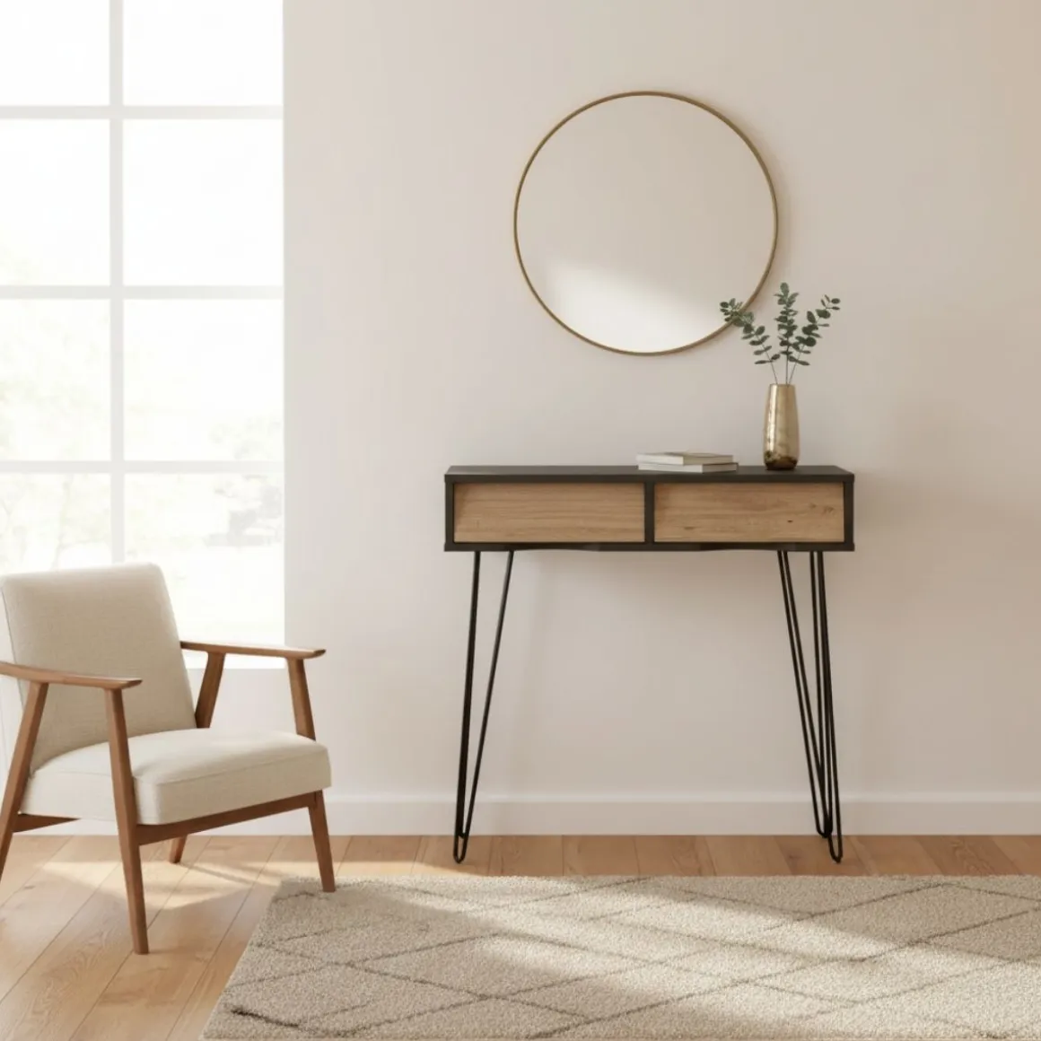 Mueble recibidor MOA Vinthera 2 cajones negro/natural 76x80x30 cm