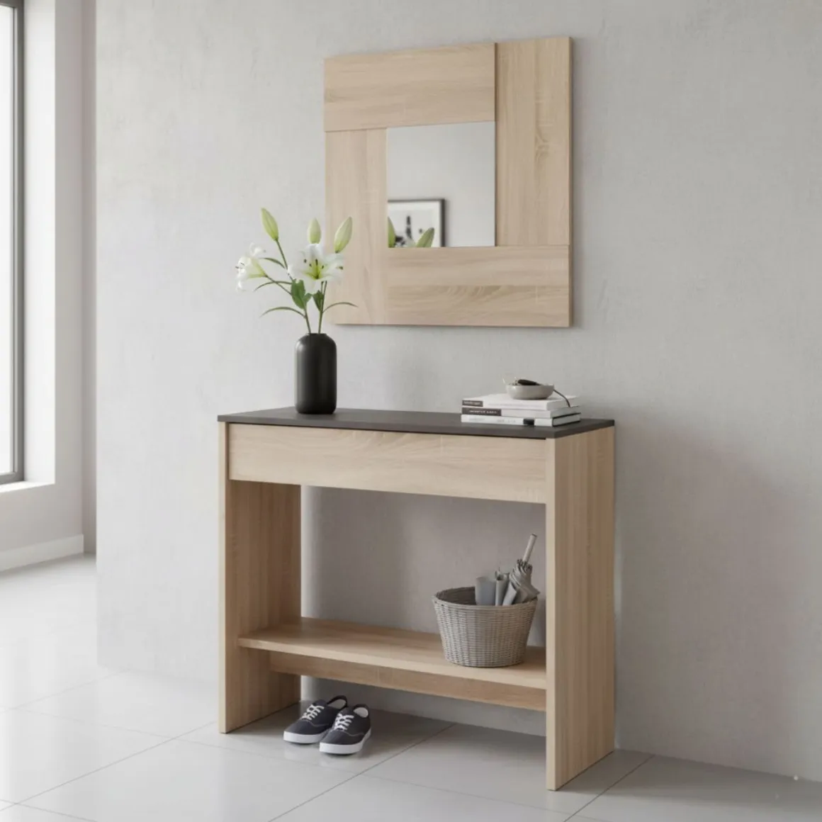 Mueble recibidor Oxys con espejo roble Canadian/grafito 92 cm