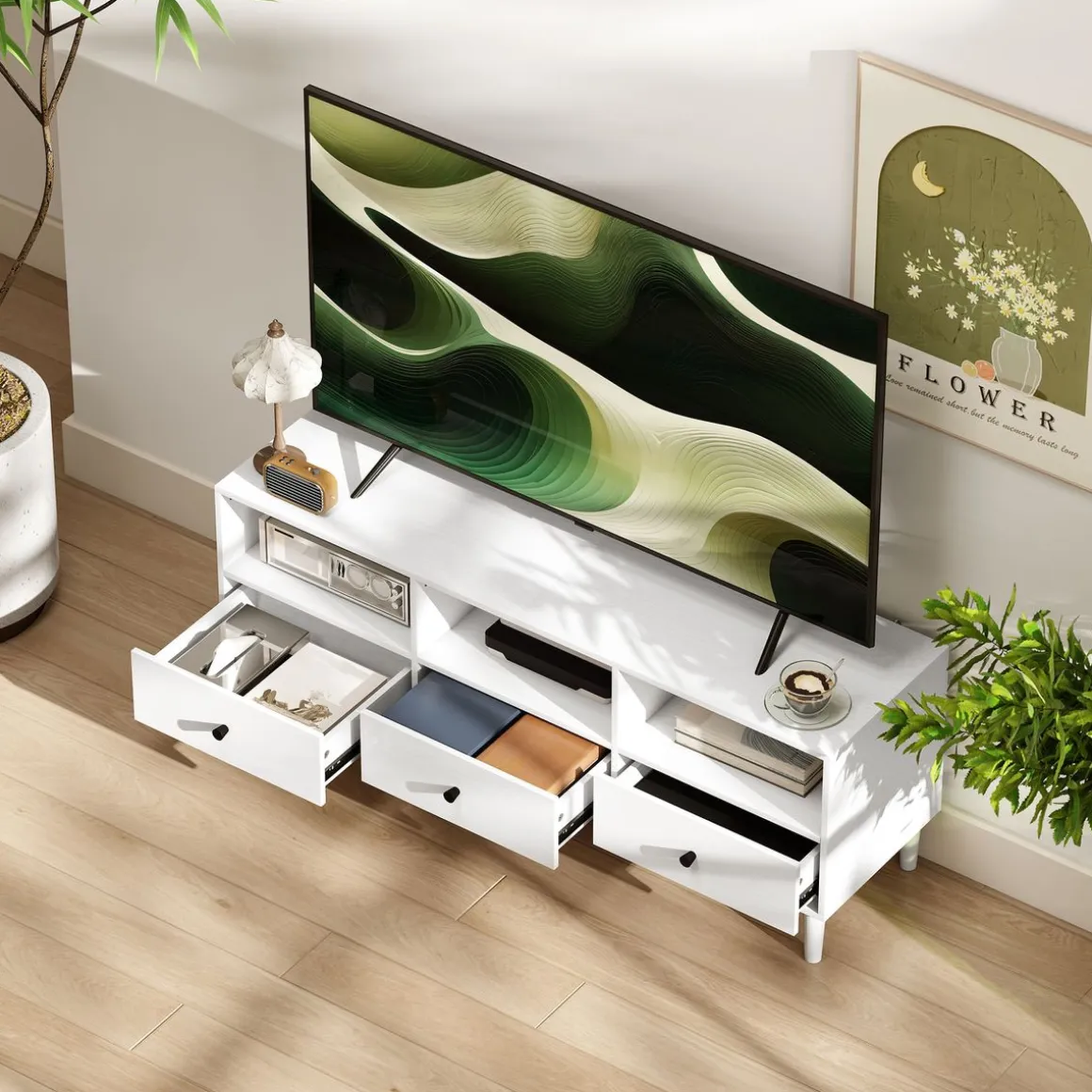 Mueble TV Alaska Homcom 3 cajones + 3 compartimentos blanco 45x120x34 cm