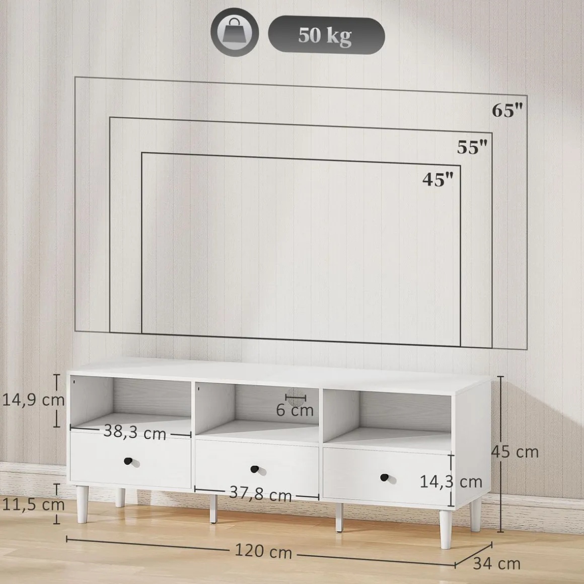 Mueble TV Alaska Homcom 3 cajones + 3 compartimentos blanco 45x120x34 cm