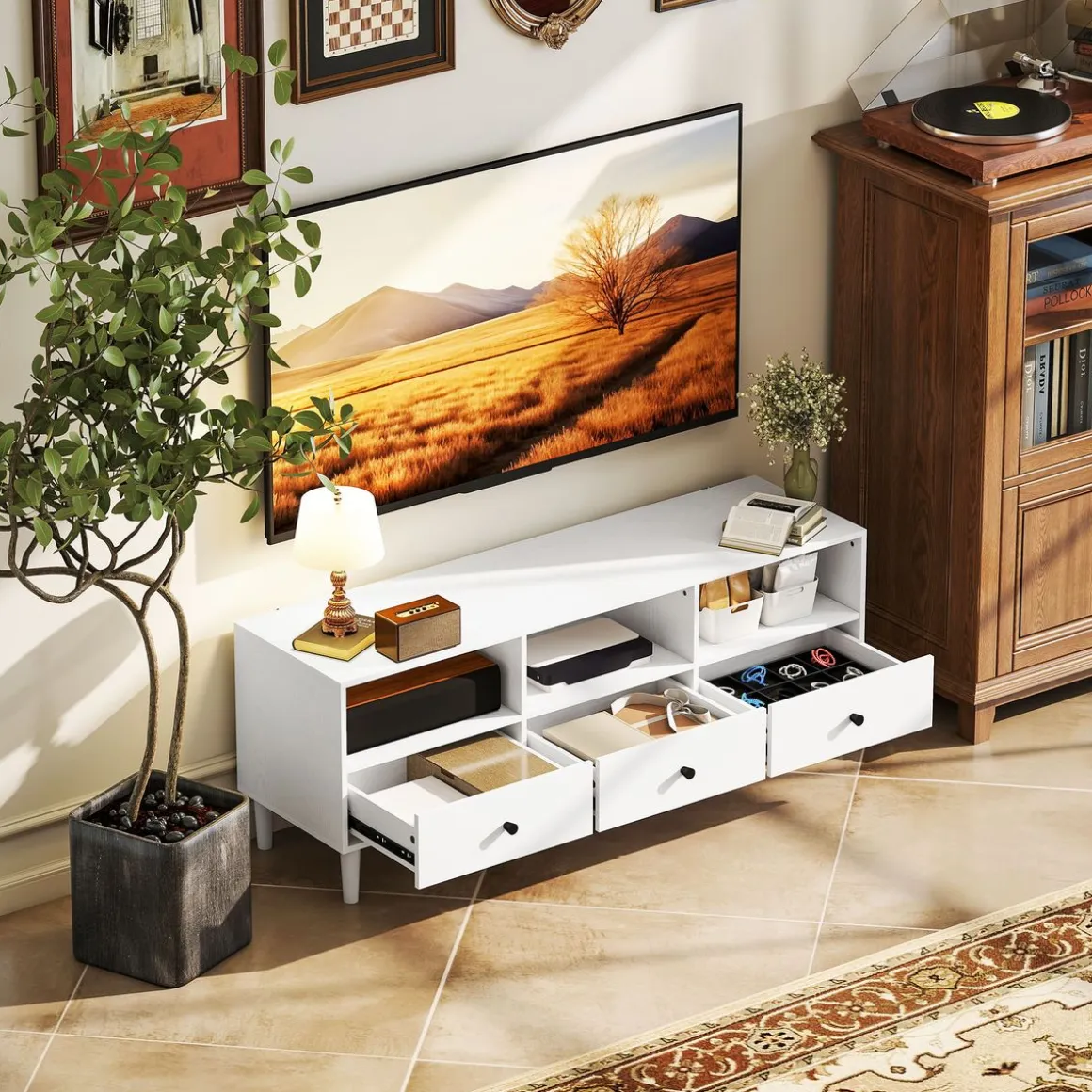 Mueble TV Alaska Homcom 3 cajones + 3 compartimentos blanco 45x120x34 cm