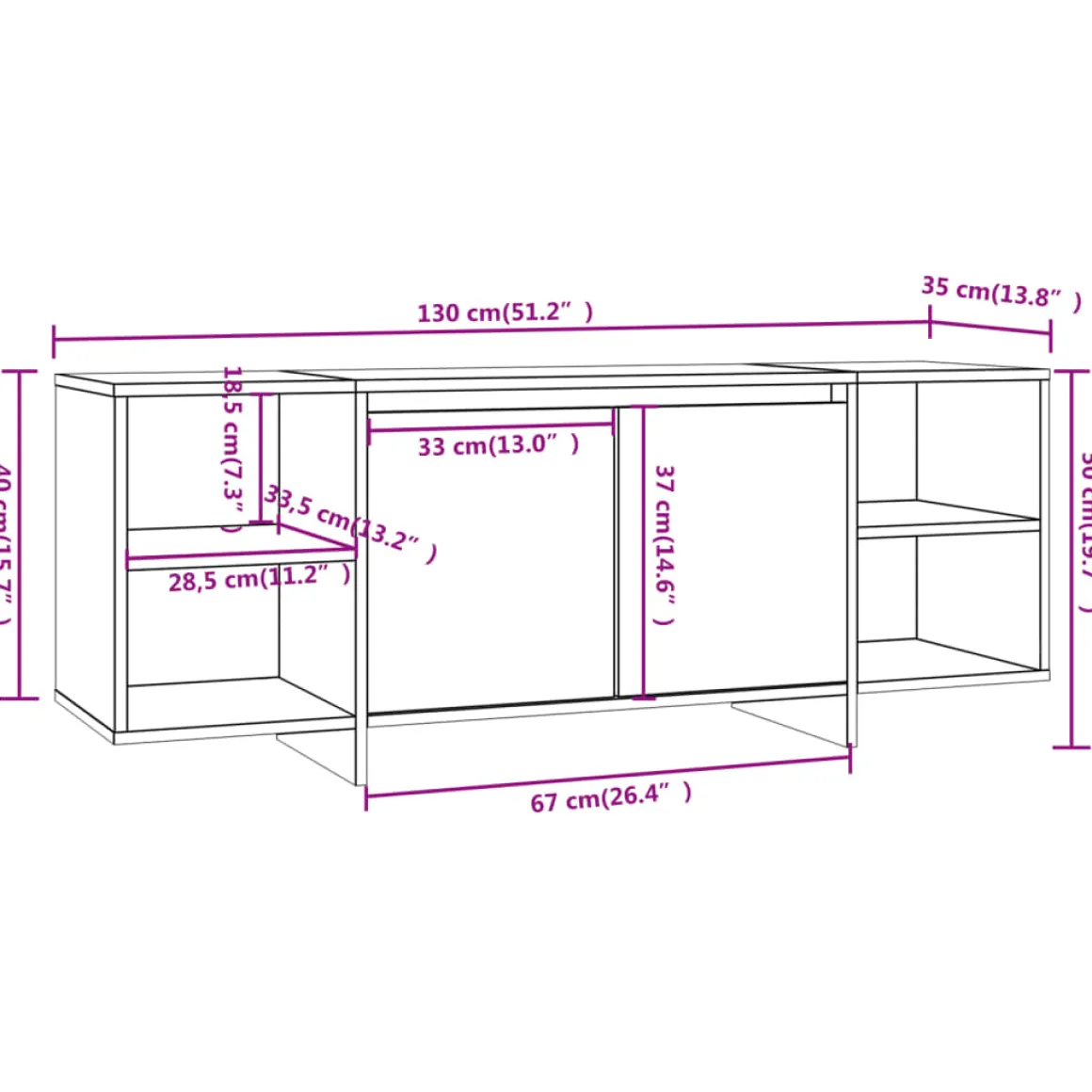 Mueble TV Dahl 2 puertas + 4 compartimentos roble 40x130x35 cm