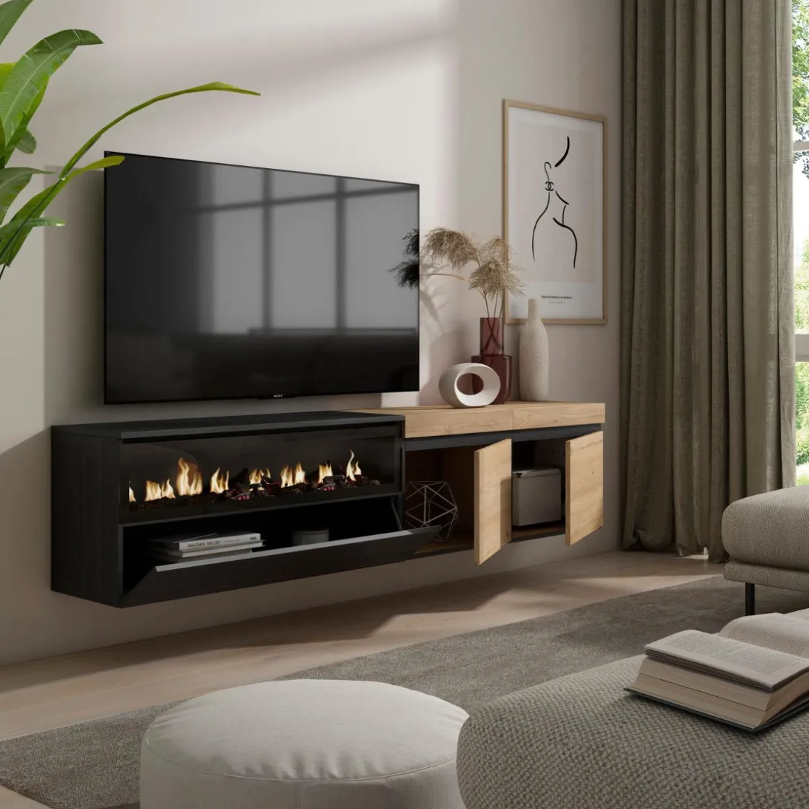 Mueble TV Kroma 3 puertas con chimenea flotante izquierda 45x203x34,6 cm