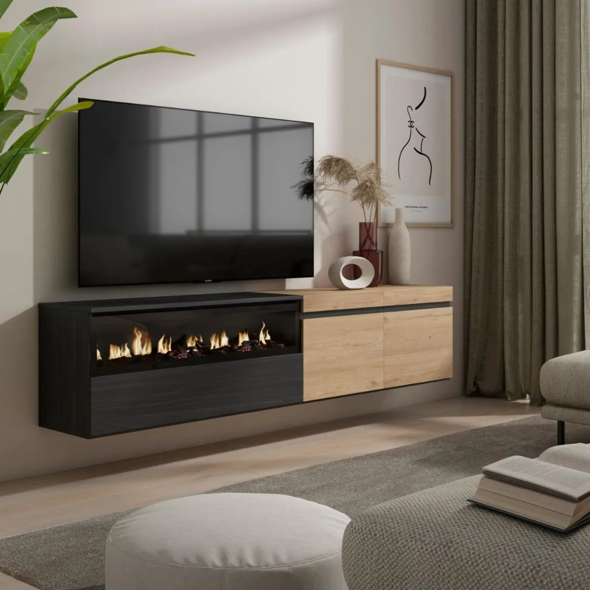 Mueble TV Kroma 3 puertas con chimenea flotante izquierda 45x203x34,6 cm