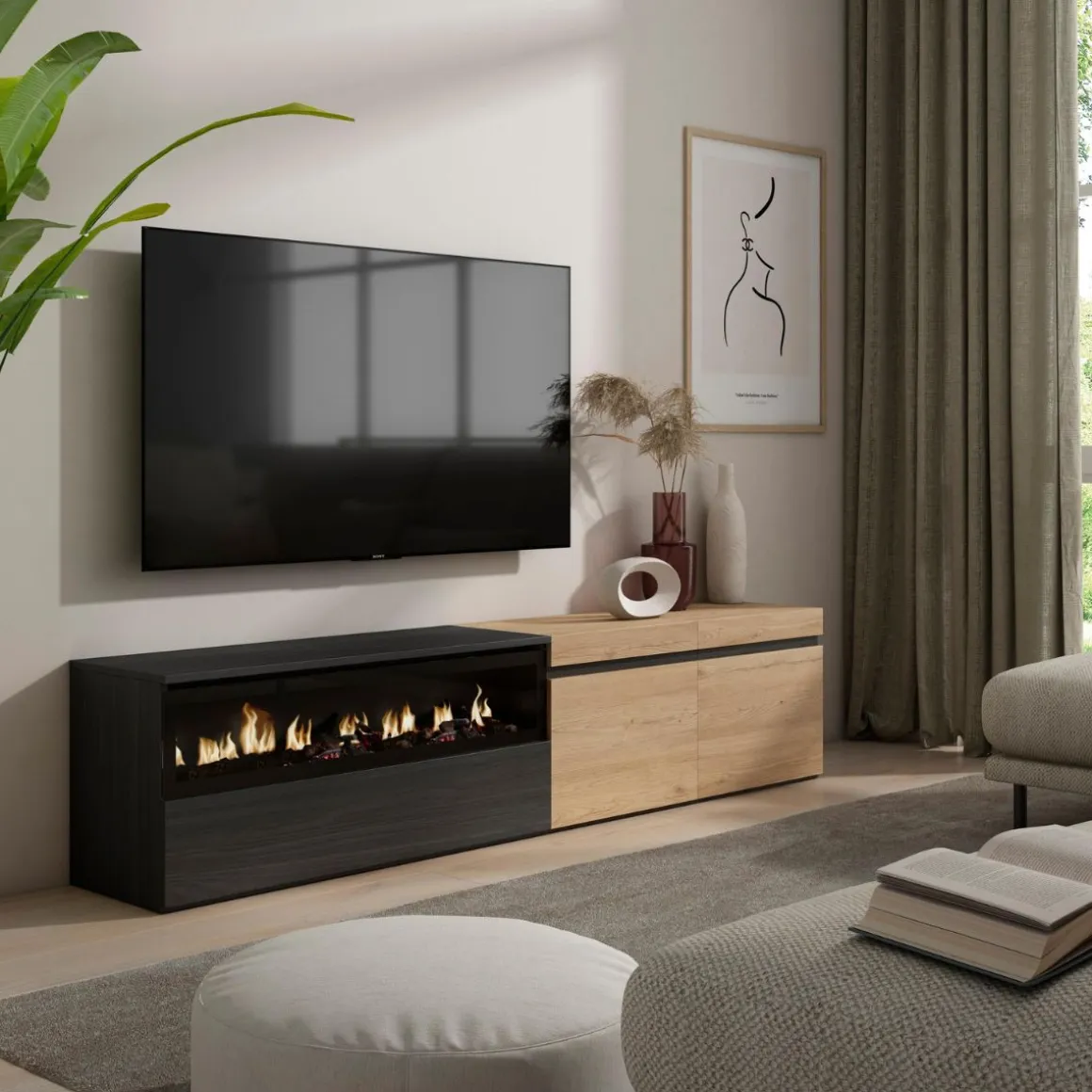 Mueble TV Kroma 3 puertas con chimenea izquierda 45x203x34,6 cm
