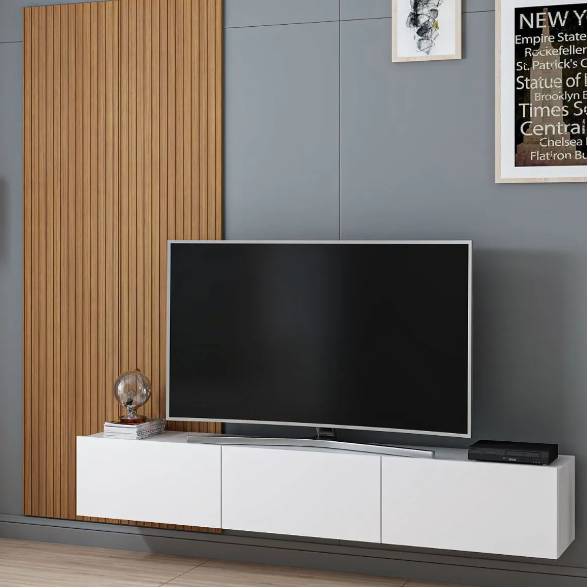 Mueble TV Rigel 3 compartimentos con panel decorativo blanco/natural 30x180x32 cm