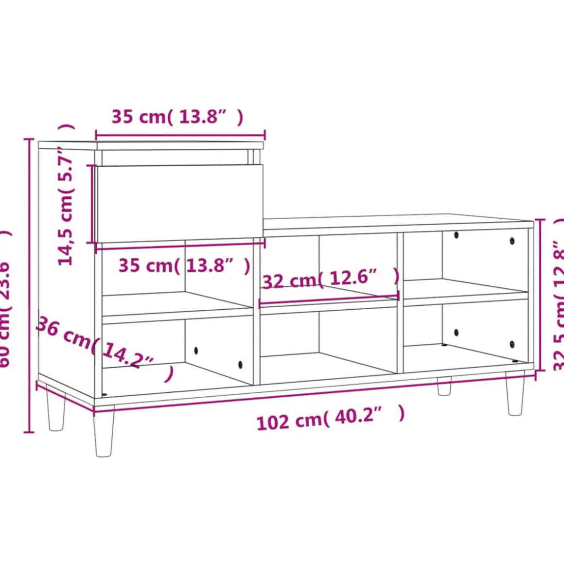 Mueble zapatero 1 cajón 6 compartimentos 60x102x36 cm