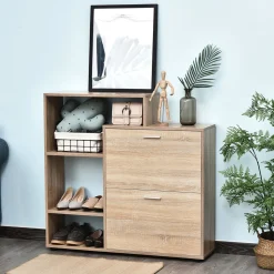 Mueble zapatero Nueva Delhi Homcom 2 puertas + estantes natural 98x101,5x25,5 cm