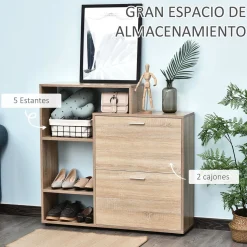 Mueble zapatero Nueva Delhi Homcom 2 puertas + estantes natural 98x101,5x25,5 cm