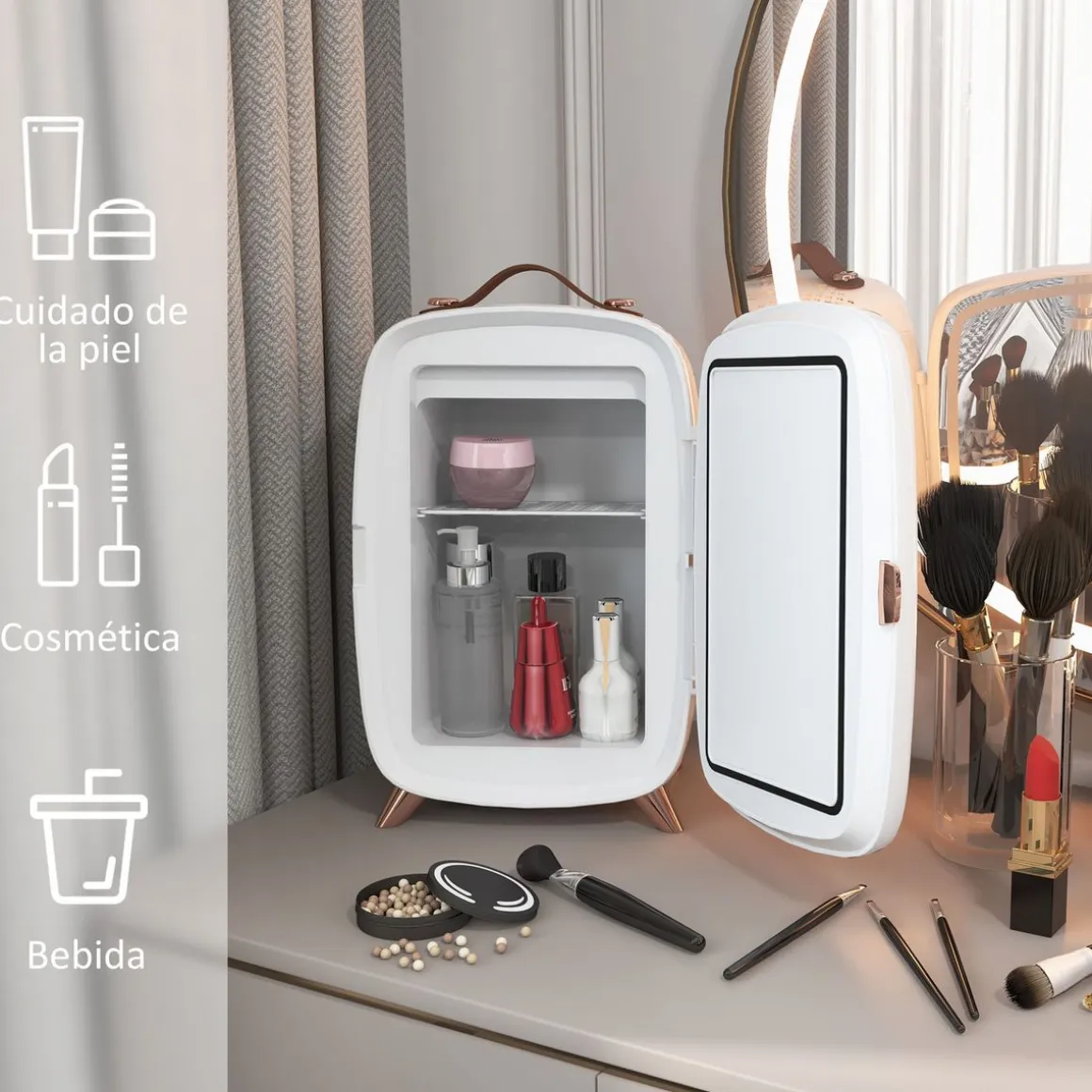 Nevera de cosméticos Homcom 6L espejo + luz LED blanco 35,6x24,3x19,4 cm