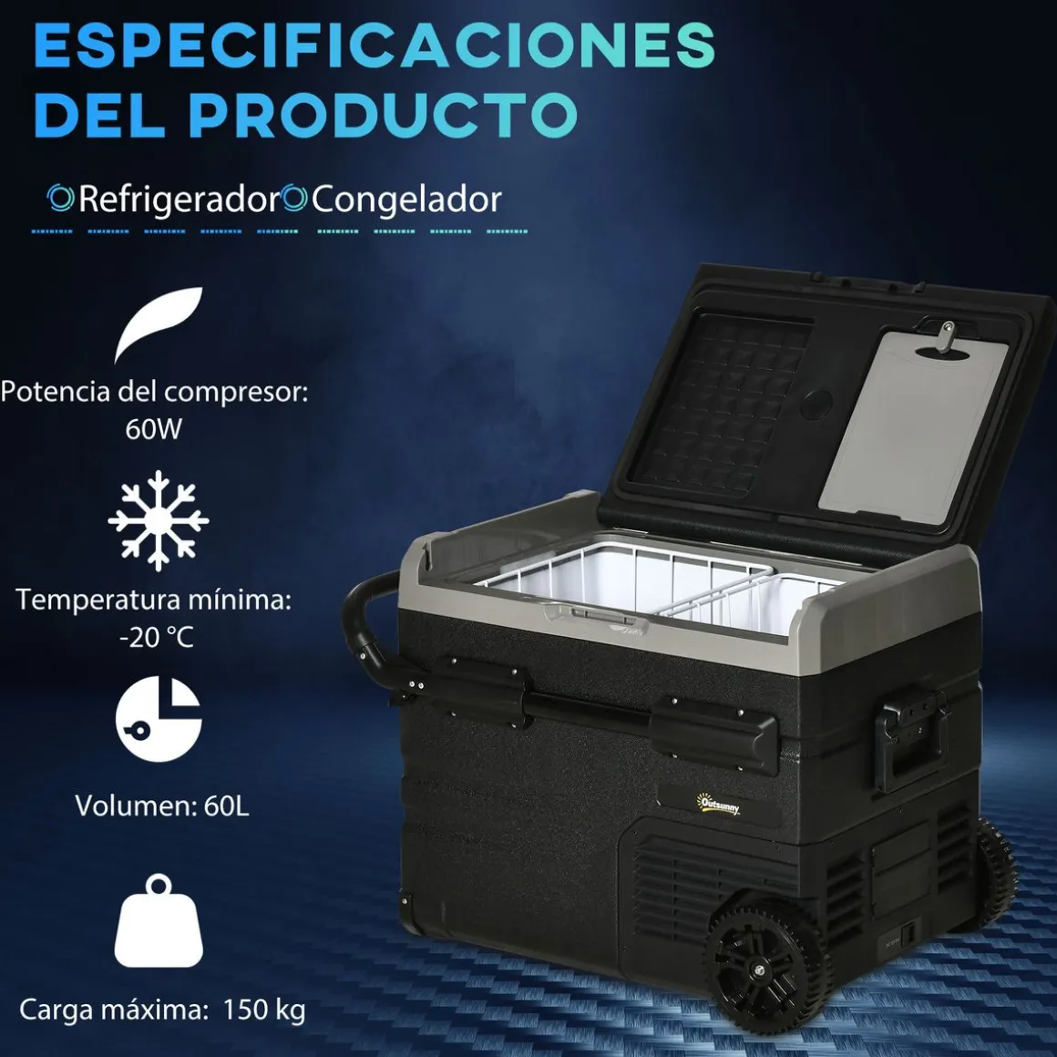 Nevera/congelador para coche Outsunny 60L pantalla LED negro 57,1x71,1x46 cm