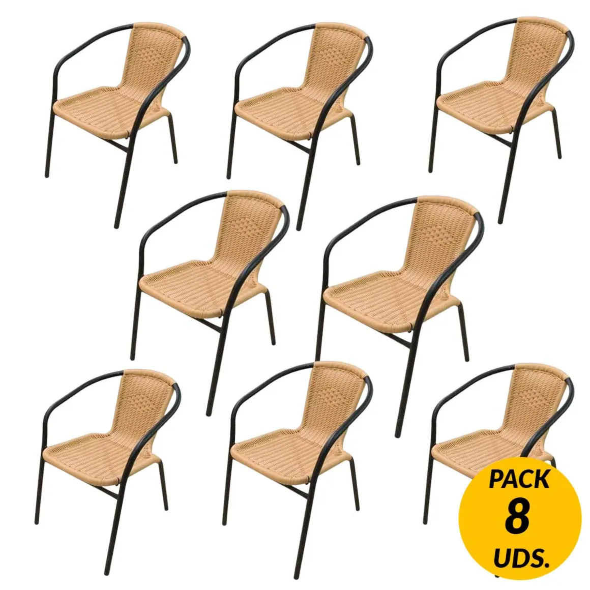 Pack 8 sillas ratán y acero natural 74x58x53 cm