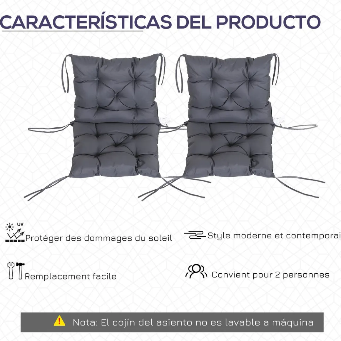 Pack de 2 cojines para silla Outsunny con cordones gris 8x50x98 cm