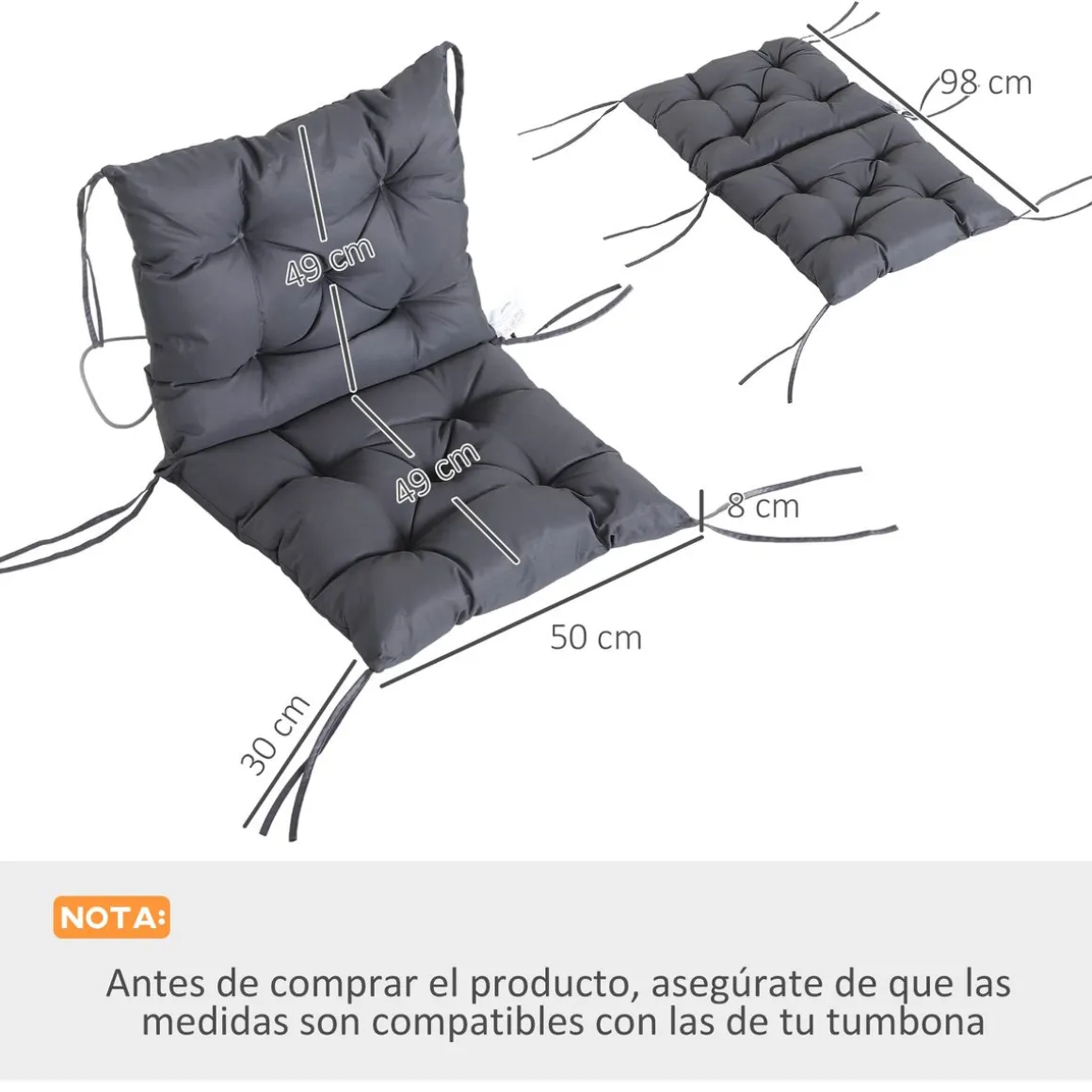Pack de 2 cojines para silla Outsunny con cordones gris 8x50x98 cm
