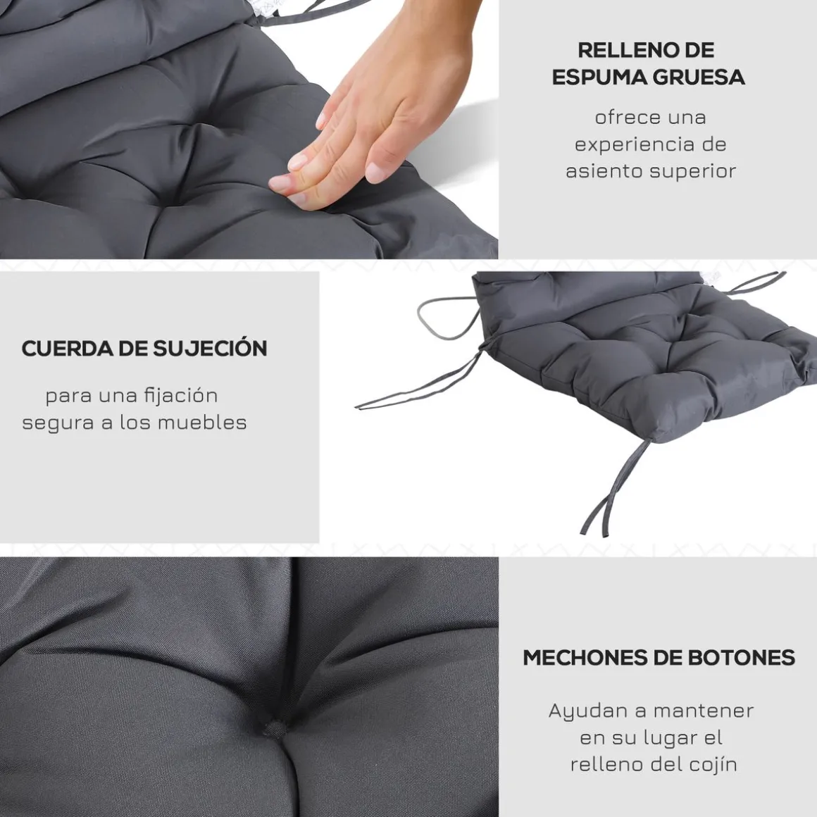 Pack de 2 cojines para silla Outsunny con cordones gris 8x50x98 cm