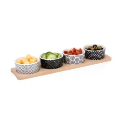 Pack de 4 cuencos Alpina para aperitivos cerámica con bandeja 38x10 cm