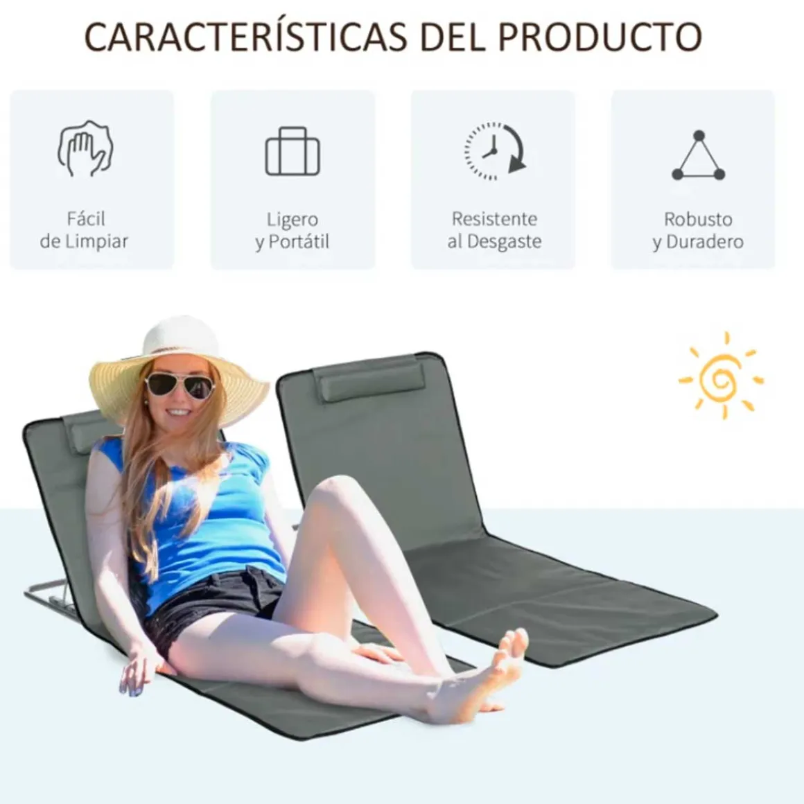 Pack de 2 esterillas de playa Outsunny plegables 5 posiciones + bolsa de transporte gris 37/50x53x124 cm