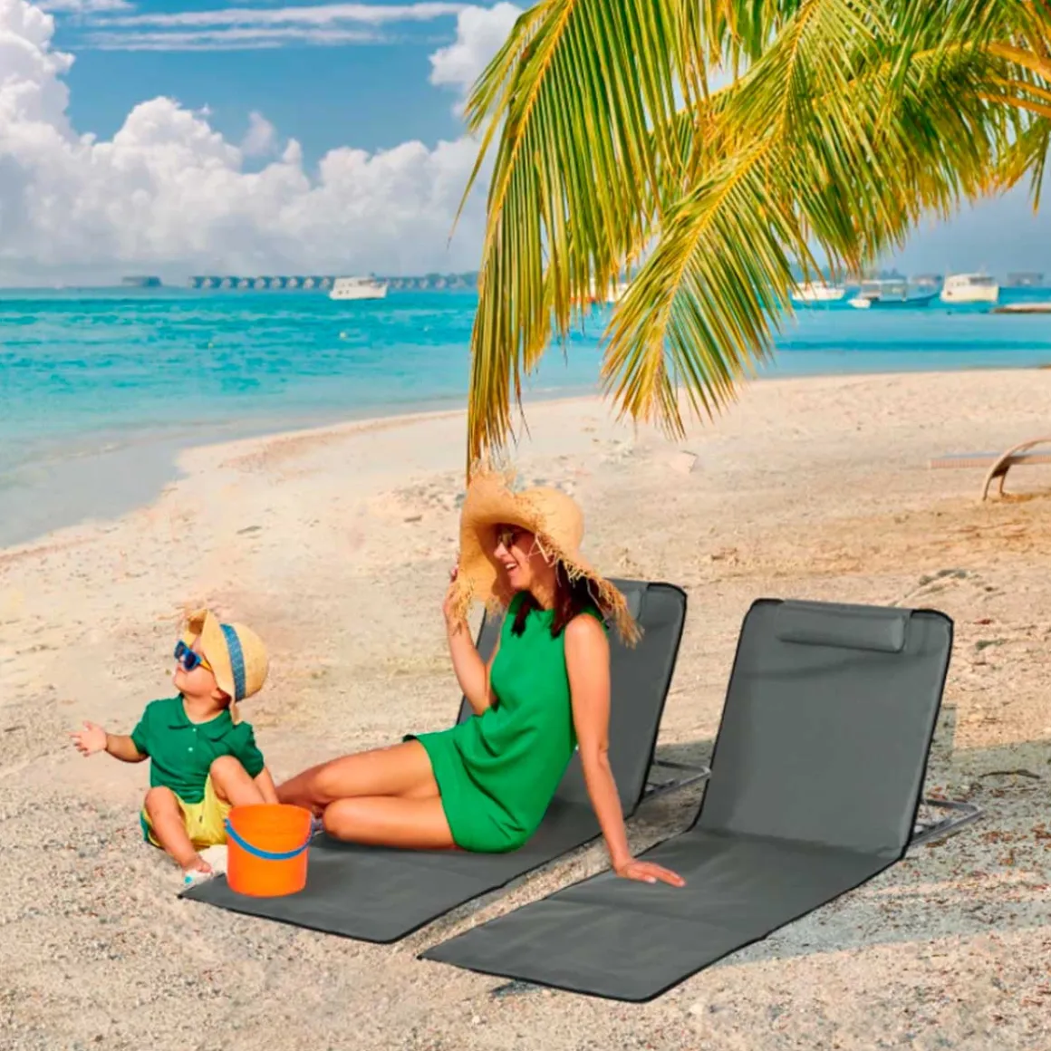 Pack de 2 esterillas de playa Outsunny plegables 5 posiciones + bolsa de transporte gris 37/50x53x124 cm