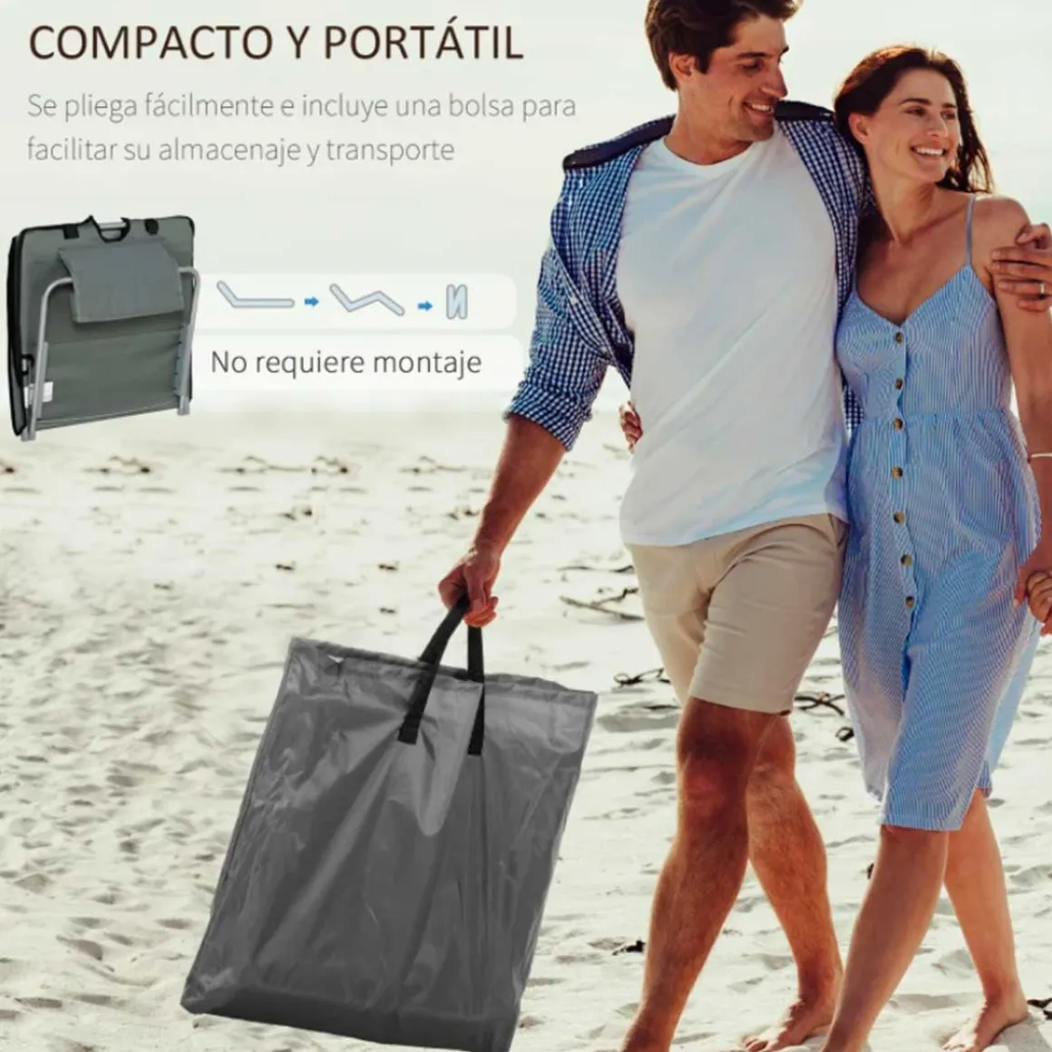 Pack de 2 esterillas de playa Outsunny plegables 5 posiciones + bolsa de transporte gris 37/50x53x124 cm