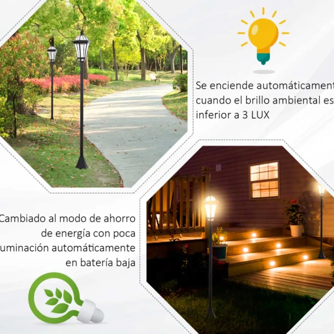 Pack de 2 farolas de exterior Outsunny con 2 luces LED 3500k impermeable negro 129x18,5x18,5 cm