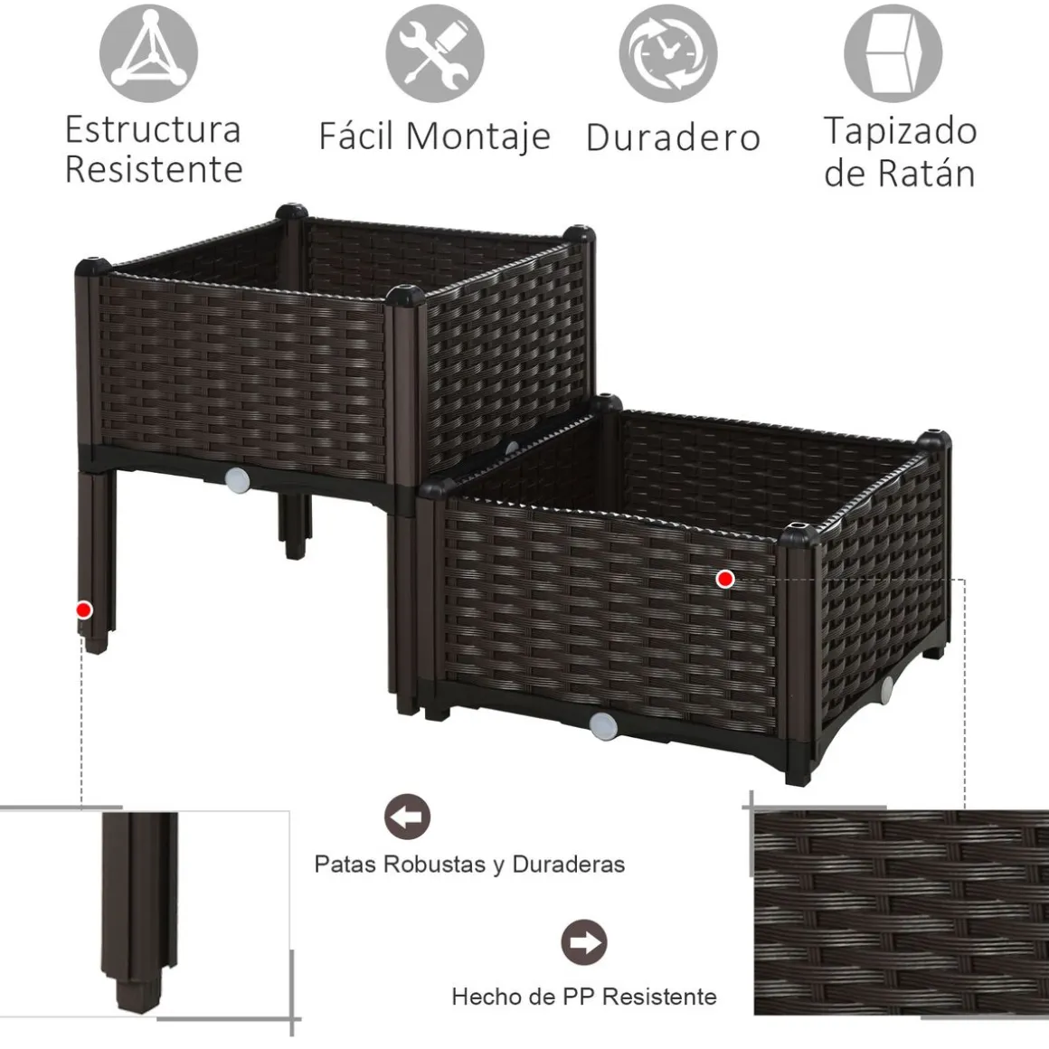 Pack de 2 jardineras Iceland Outsunny orificios para drenaje patas negro 44x80x40 cm