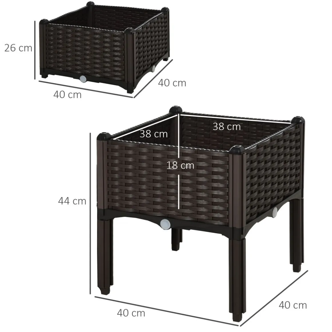 Pack de 2 jardineras Iceland Outsunny orificios para drenaje patas negro 44x80x40 cm