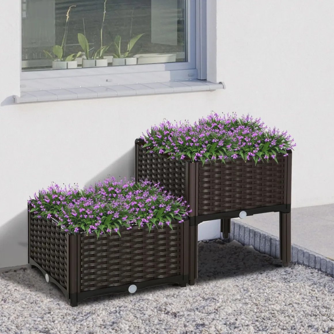Pack de 2 jardineras Iceland Outsunny orificios para drenaje patas negro 44x80x40 cm