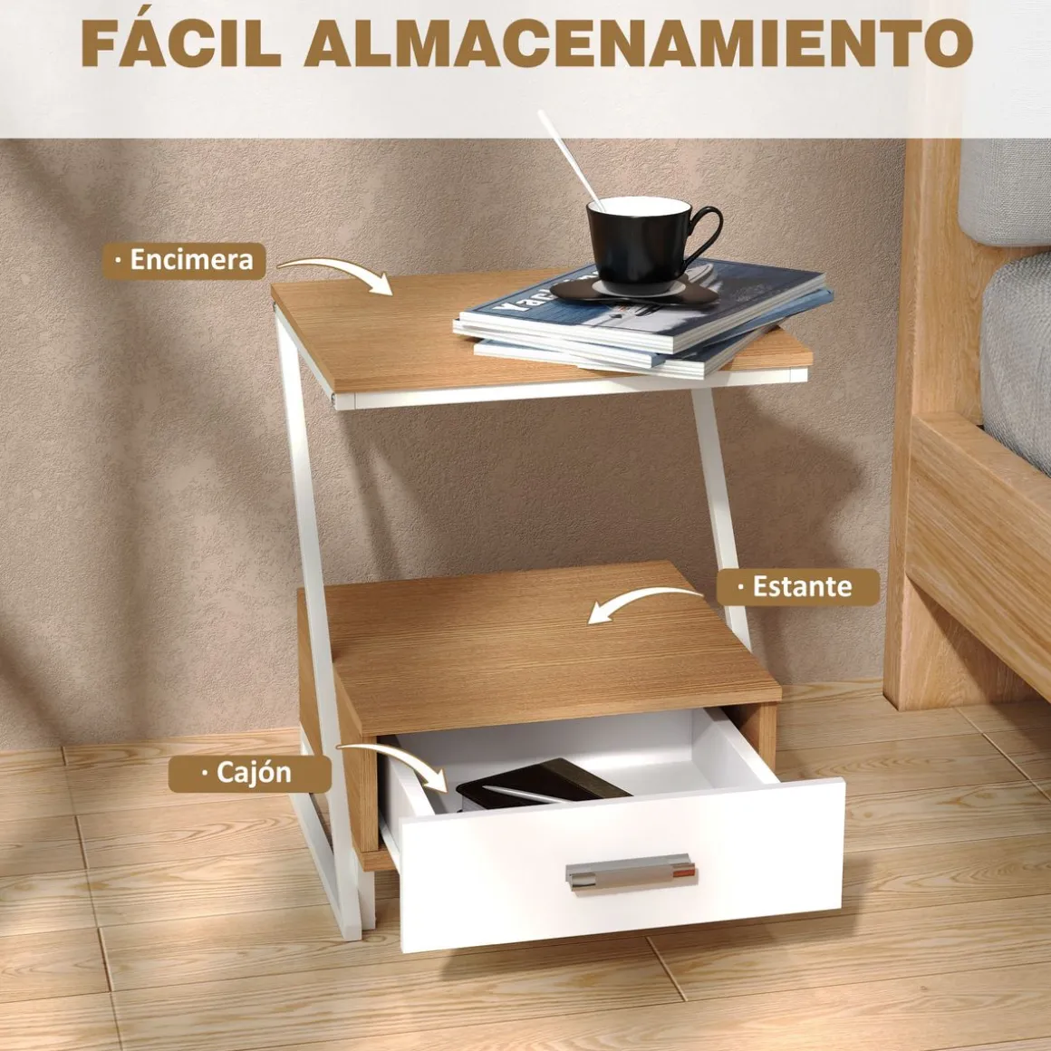 Pack de 2 mesas auxiliares Girasol Homcom 2 estantes natural 50x40x35 cm