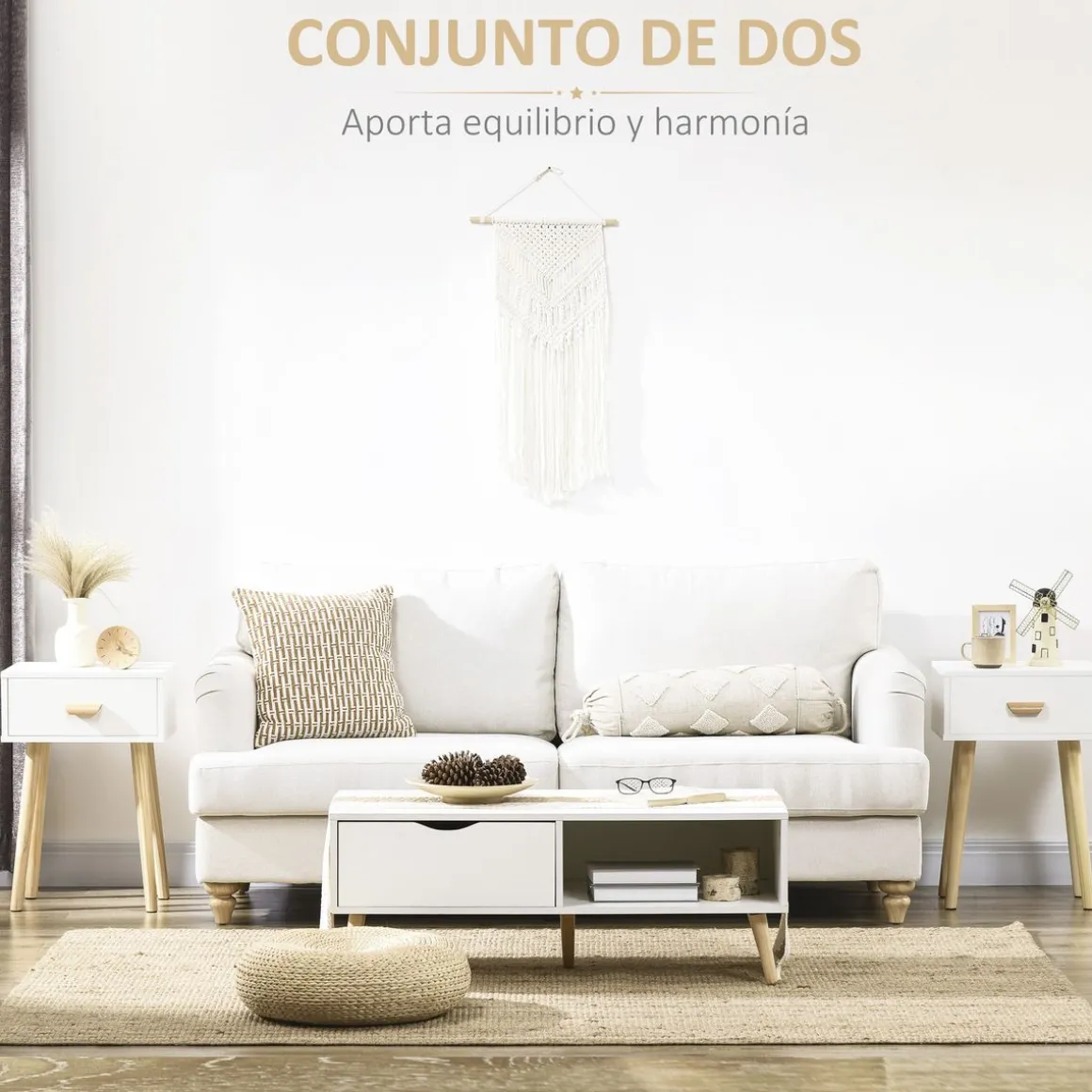 Pack de 2 mesitas de noche Florida Homcom 1 cajón blanco/natural 60x40,5x30,5 cm