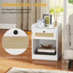 Pack de 2 mesitas de noche Boho Homcom cajón con frontal de ratán blanco 53x40x40 cm