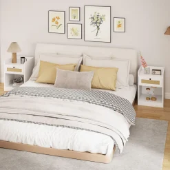 Pack de 2 mesitas de noche Boho Homcom cajón con frontal de ratán blanco 53x40x40 cm