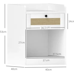 Pack de 2 mesitas de noche Boho Homcom cajón con frontal de ratán blanco 53x40x40 cm