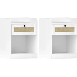 Pack de 2 mesitas de noche Boho Homcom cajón con frontal de ratán blanco 53x40x40 cm