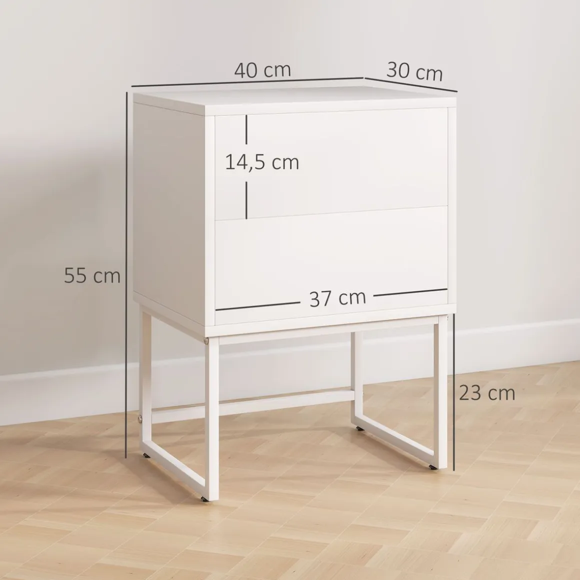 Pack de 2 mesitas de noche Naoki Homcom 2 cajones apertura push acero blanco 55x40x30 cm