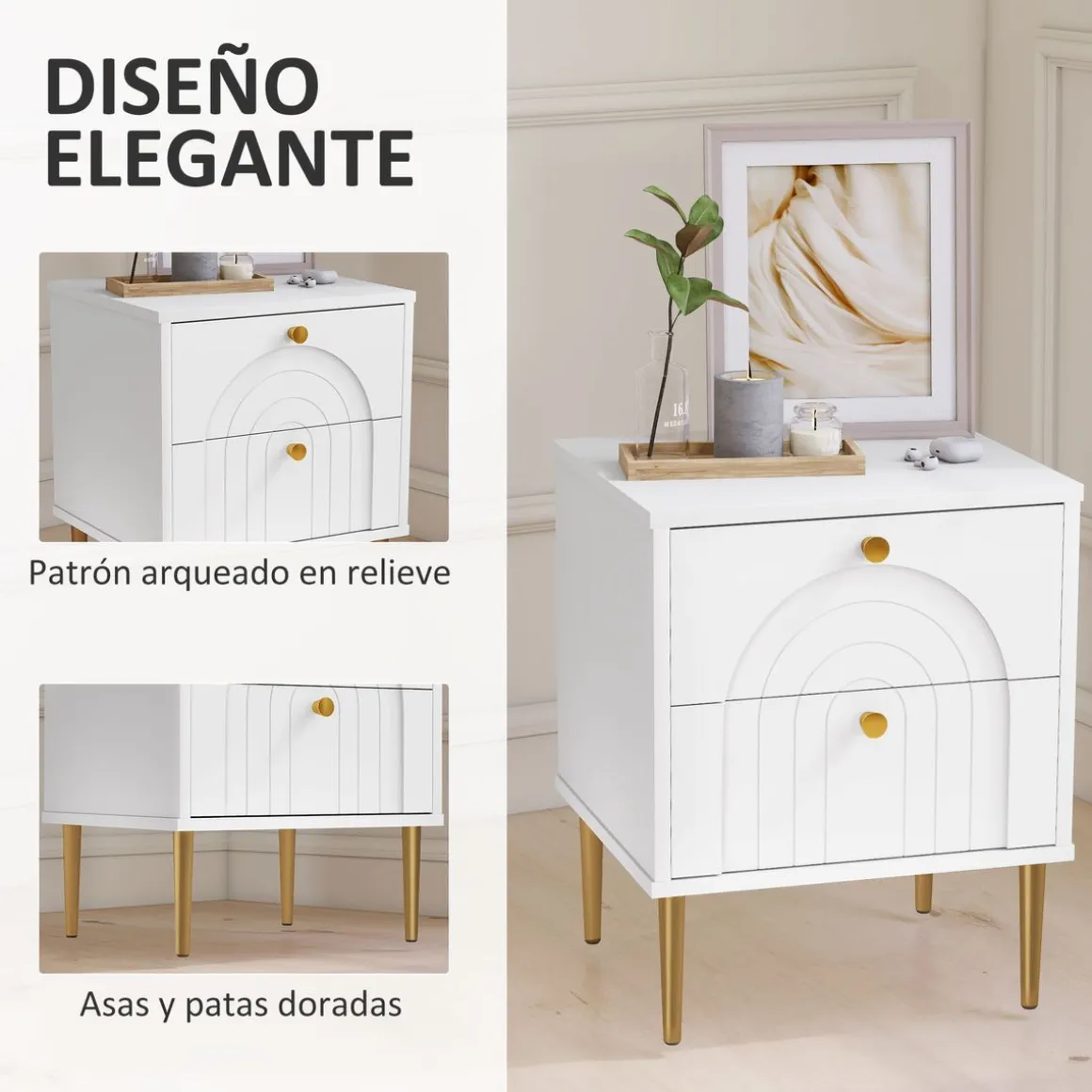 Pack de 2 mesitas de noche Akira Homcom 2 cajones blanco 50x40x35 cm