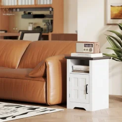 Pack de 2 mesitas de noche Remo Homcom con puerta y compartimento blanco/marrón 60x40x35 cm
