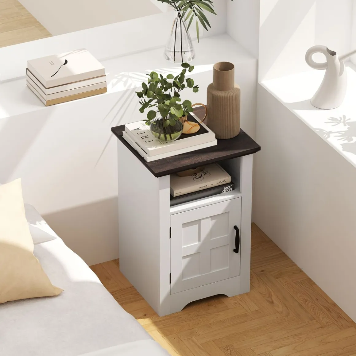 Pack de 2 mesitas de noche Remo Homcom con puerta y compartimento blanco/marrón 60x40x35 cm