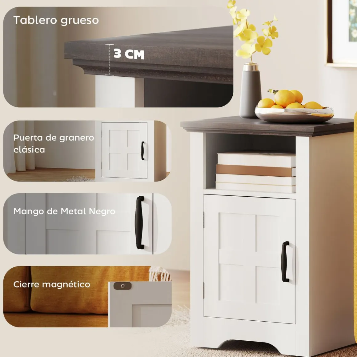 Pack de 2 mesitas de noche Remo Homcom con puerta y compartimento blanco/marrón 60x40x35 cm