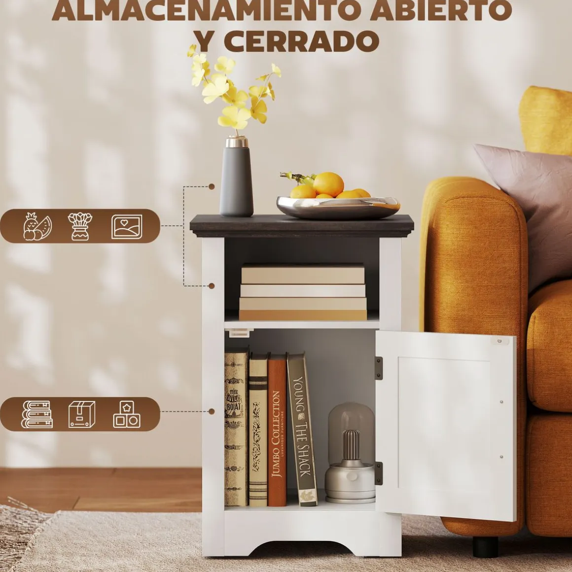 Pack de 2 mesitas de noche Remo Homcom con puerta y compartimento blanco/marrón 60x40x35 cm