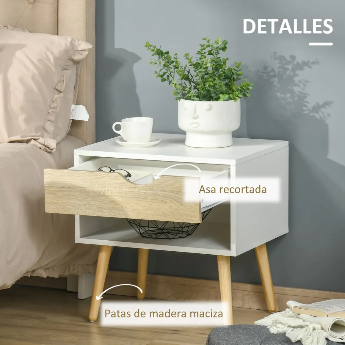 Pack de 2 mesitas de noche Nordic Homcom 1 cajón + 1 estante blanco/natural 51x50x39 cm