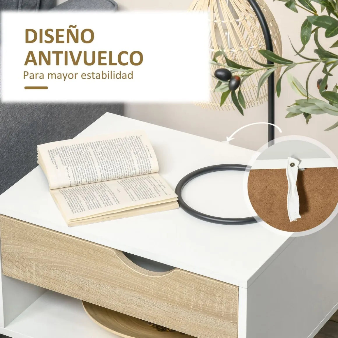 Pack de 2 mesitas de noche Nordic Homcom 1 cajón + 1 estante blanco/natural 51x50x39 cm
