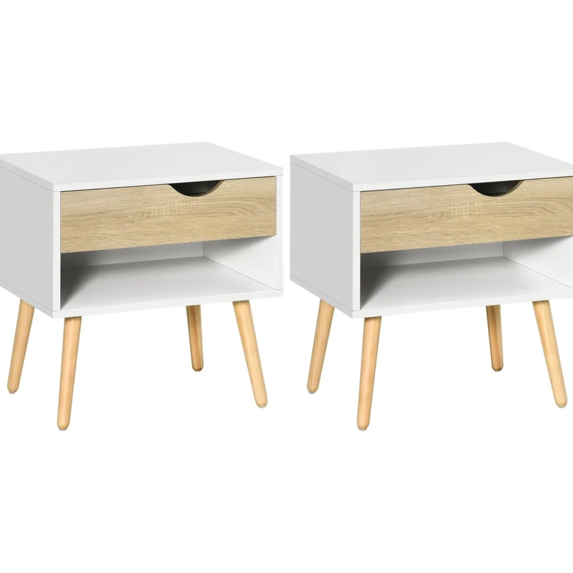 Pack de 2 mesitas de noche Nordic Homcom 1 cajón + 1 estante blanco/natural 51x50x39 cm