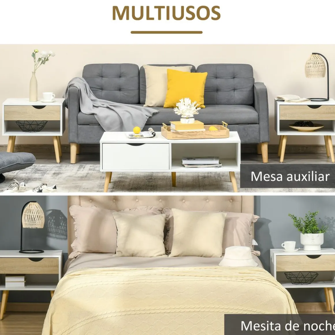 Pack de 2 mesitas de noche Nordic Homcom 1 cajón + 1 estante blanco/natural 51x50x39 cm