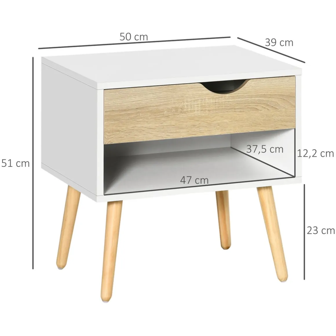 Pack de 2 mesitas de noche Nordic Homcom 1 cajón + 1 estante blanco/natural 51x50x39 cm