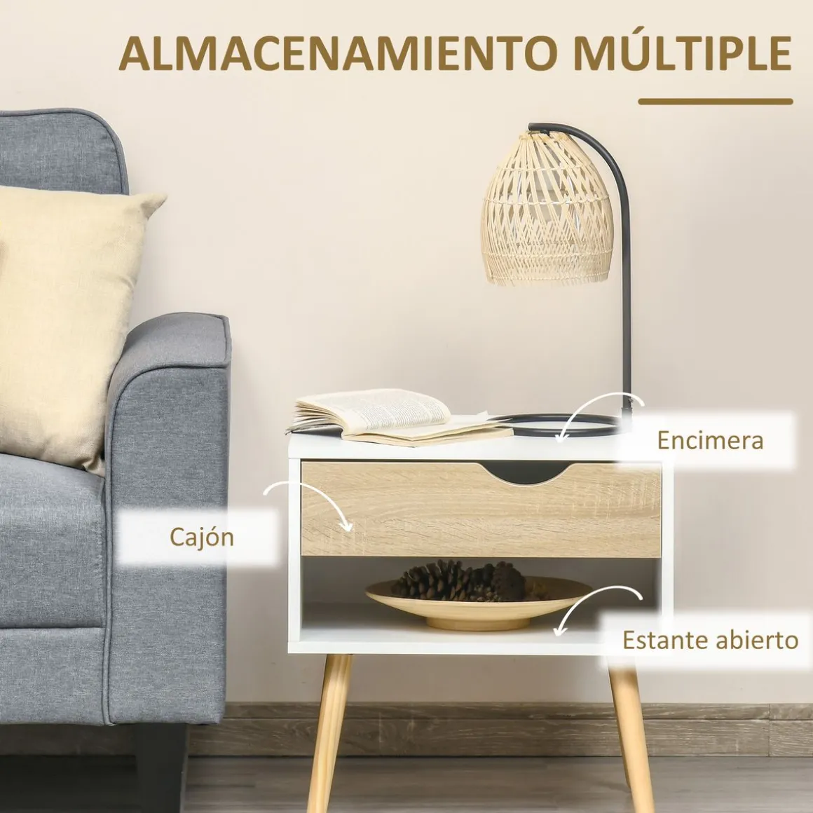 Pack de 2 mesitas de noche Nordic Homcom 1 cajón + 1 estante blanco/natural 51x50x39 cm