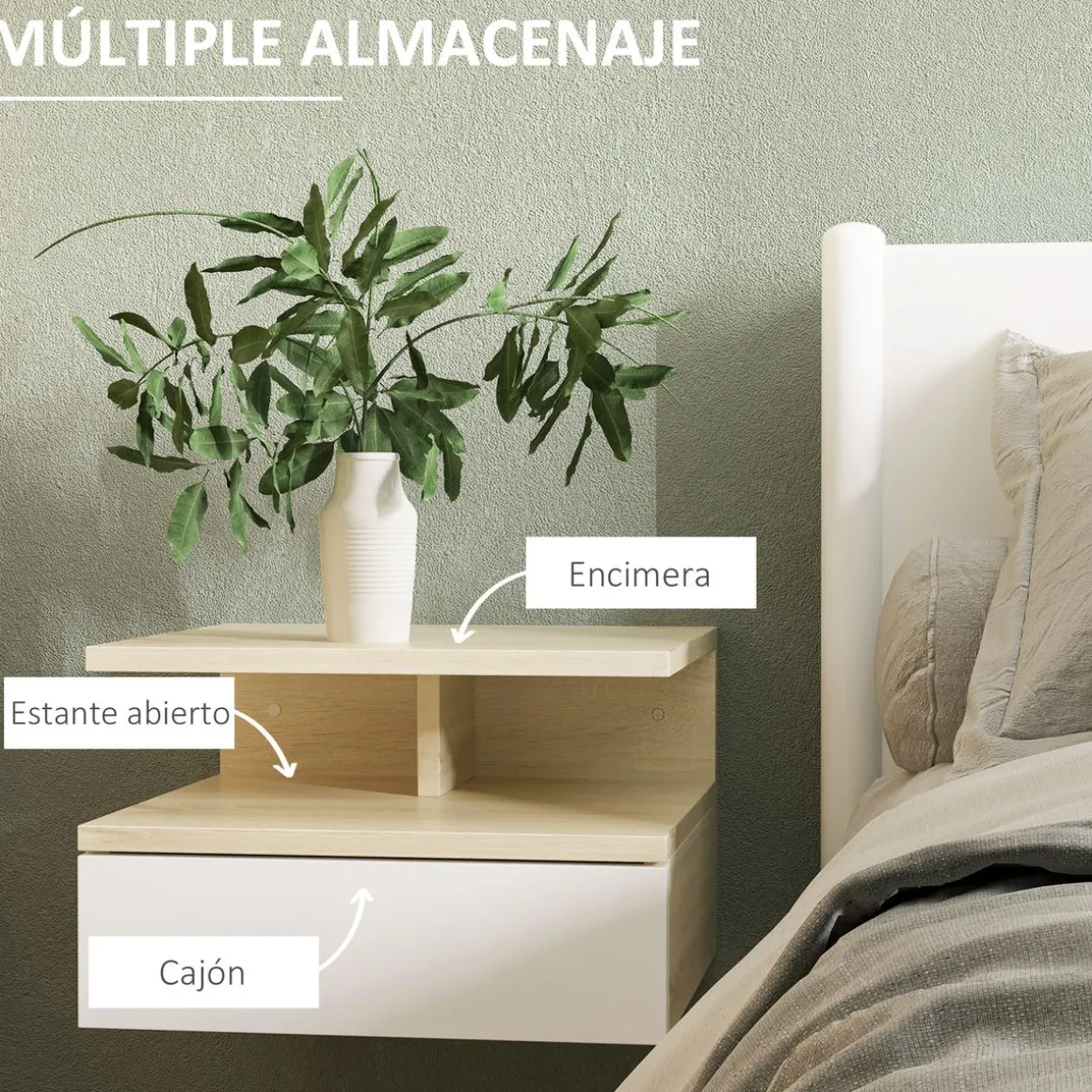 Pack de 2 mesitas de noche Agatha Homcom 1 cajón blanco/natural 22,5x35x32 cm