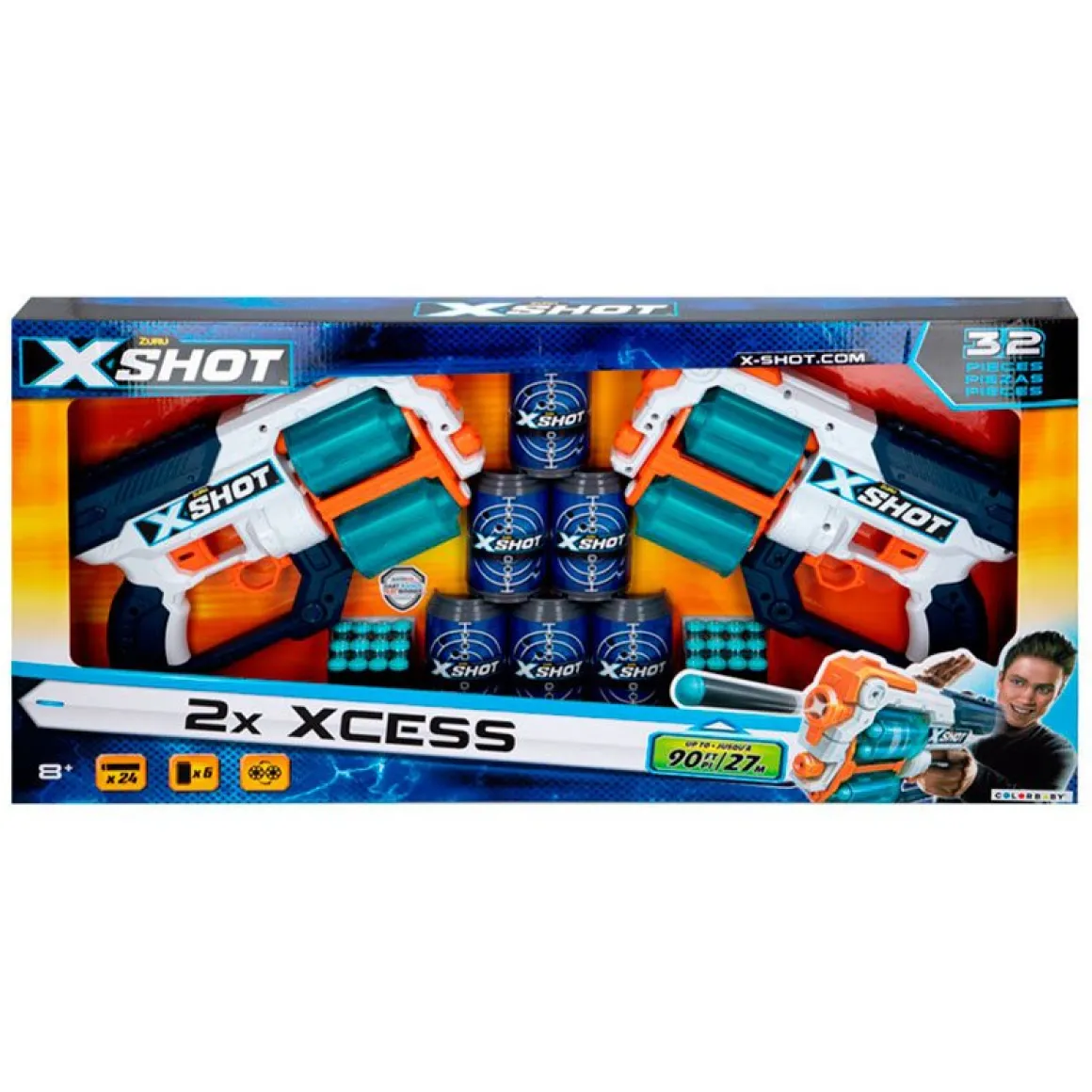 Pack de 2 pistolas X-Shot Xcess 24 dardos 6 botes +8A blanco/azul