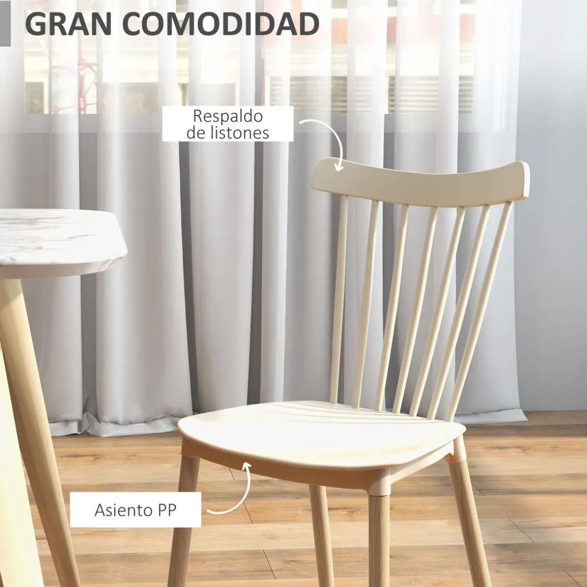 Pack de 4 sillas Behy Homcom respaldo curvo natural 83x48x52,5 cm