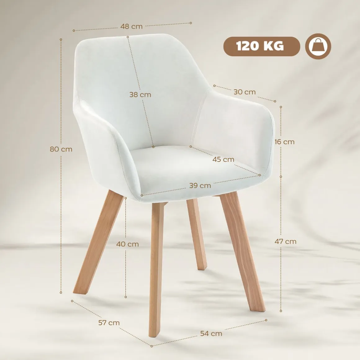 Pack de 2 sillas de comedor Cream Homcom tapizadas blanco 80x54x57 cm